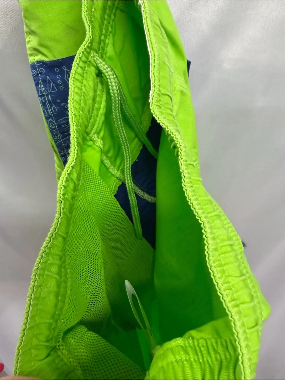 Vintage 90s Men's Lime Green Swim Shorts Navy Graphic Stripe Cotton Medium